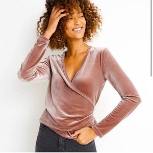 Madewell velvet wrap ballet long sleeve shirt. In pink blush mauve